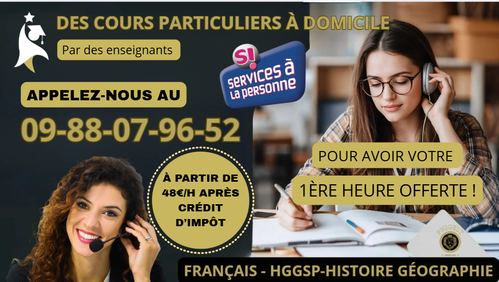 Réservez votre cours particulier à domicile ®phigelt, de 2 heures ou 1h30 et bénéficier de la première heure gratuite et d'un bilan offert. Ces cours donnent droit à la réduction Service à la personne.